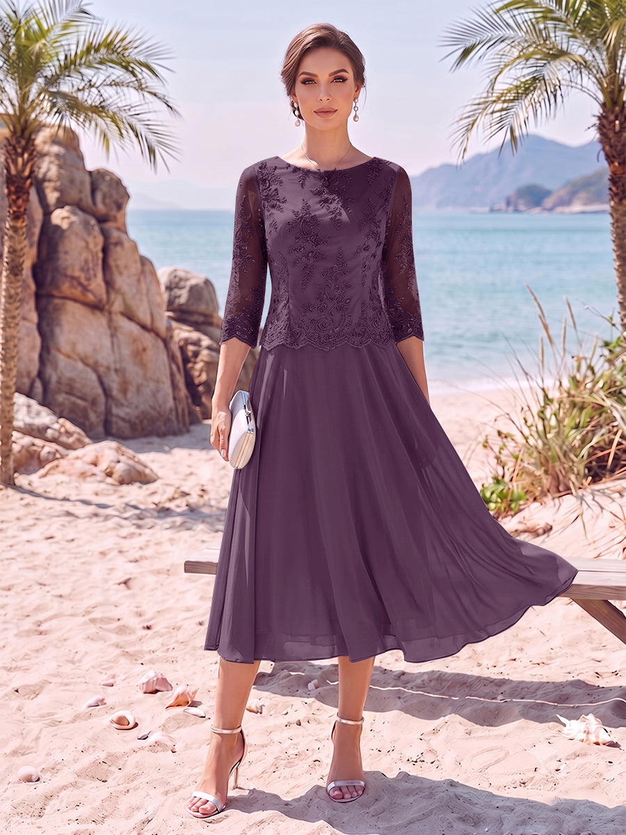 A-Line/Princess Scoop 3/4 Sleeves Knee-Length Mother of the Bride Dresses with Applique