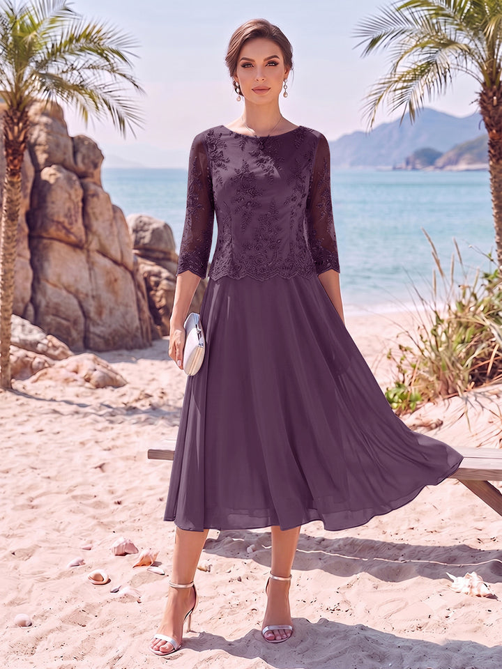 A-Line/Princess Scoop 3/4 Sleeves Knee-Length Mother of the Bride Dresses with Applique