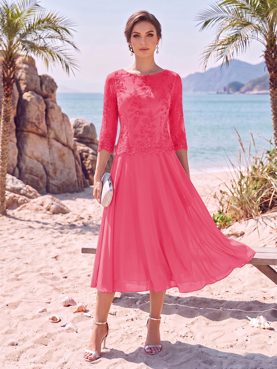 A-Line/Princess Scoop 3/4 Sleeves Knee-Length Mother of the Bride Dresses with Applique