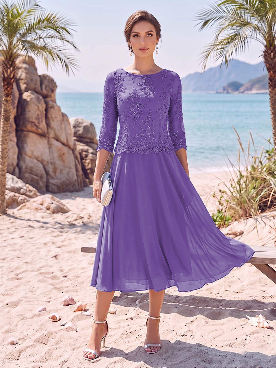 A-Line/Princess Scoop 3/4 Sleeves Knee-Length Mother of the Bride Dresses with Applique