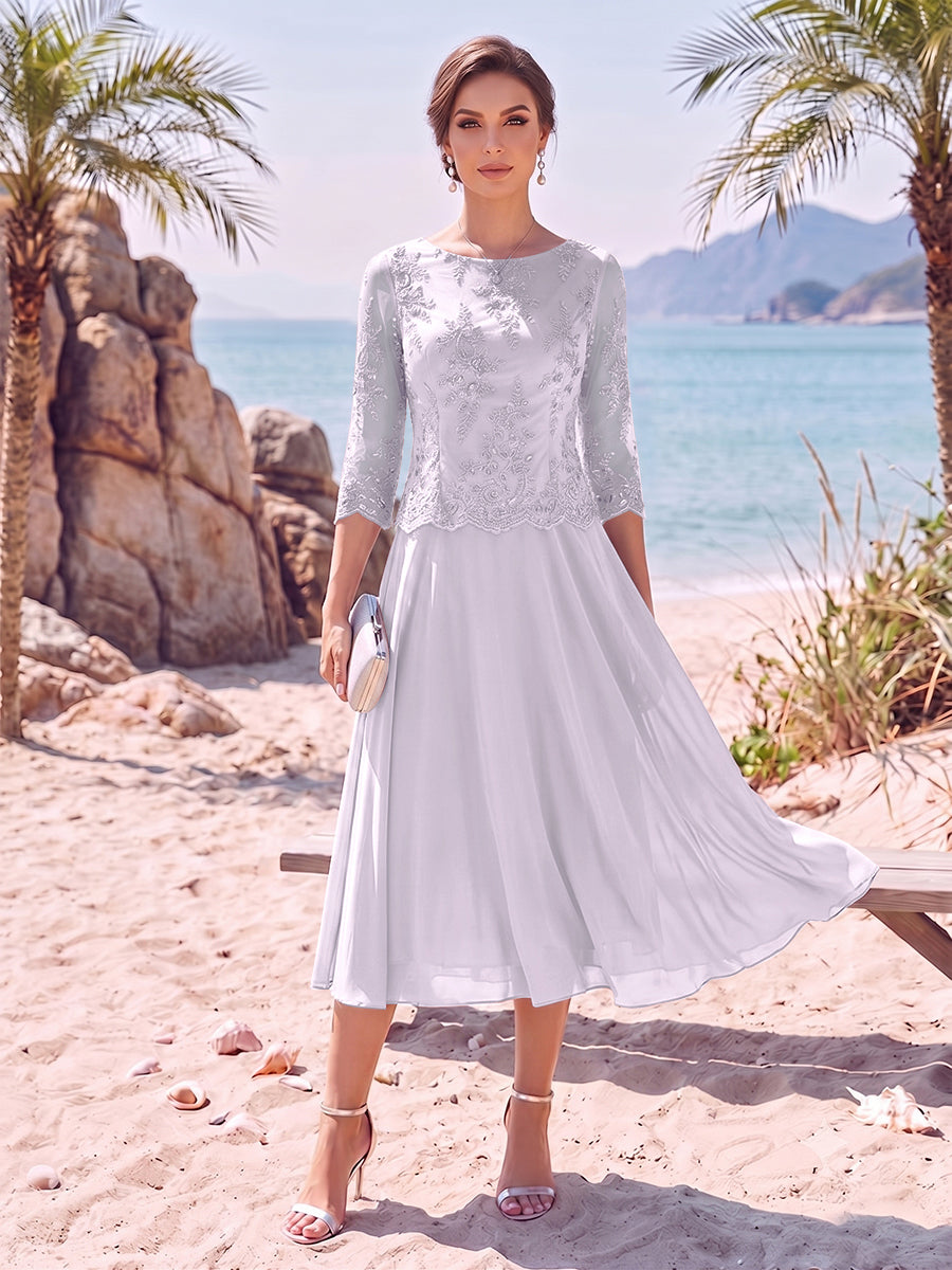 A-Line/Princess Scoop 3/4 Sleeves Knee-Length Mother of the Bride Dresses with Applique