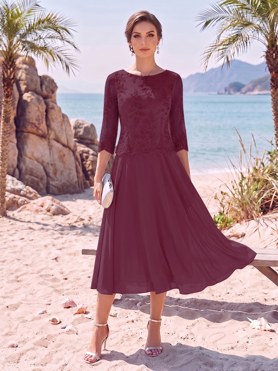 A-Line/Princess Scoop 3/4 Sleeves Knee-Length Mother of the Bride Dresses with Applique