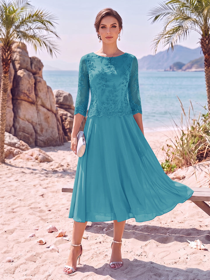 A-Line/Princess Scoop 3/4 Sleeves Knee-Length Mother of the Bride Dresses with Applique