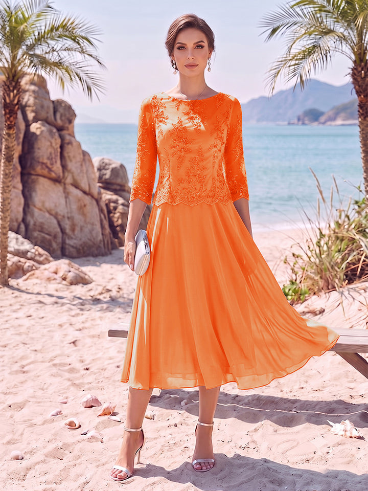 A-Line/Princess Scoop 3/4 Sleeves Knee-Length Mother of the Bride Dresses with Applique