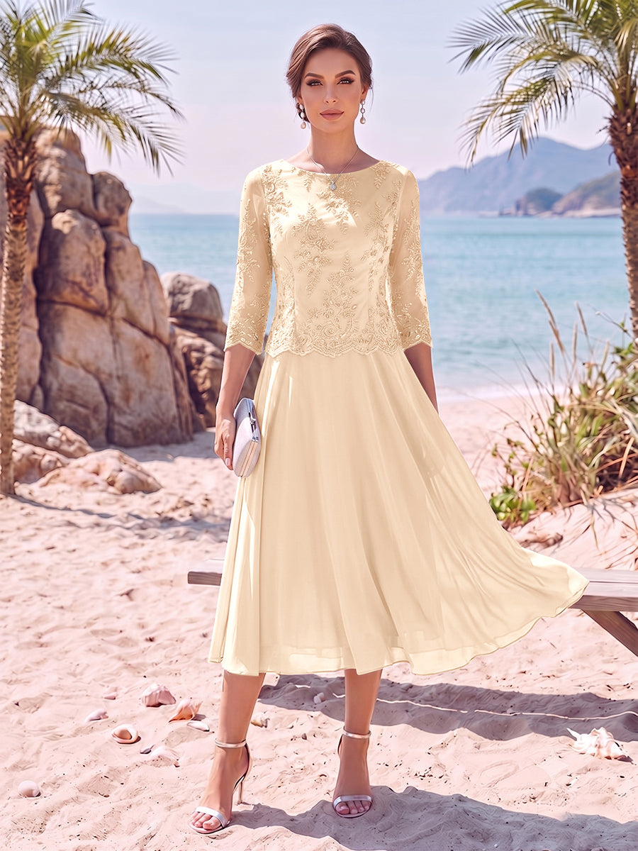 A-Line/Princess Scoop 3/4 Sleeves Knee-Length Mother of the Bride Dresses with Applique