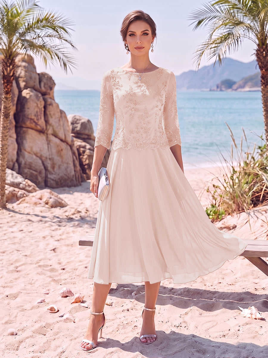 A-Line/Princess Scoop 3/4 Sleeves Knee-Length Mother of the Bride Dresses with Applique