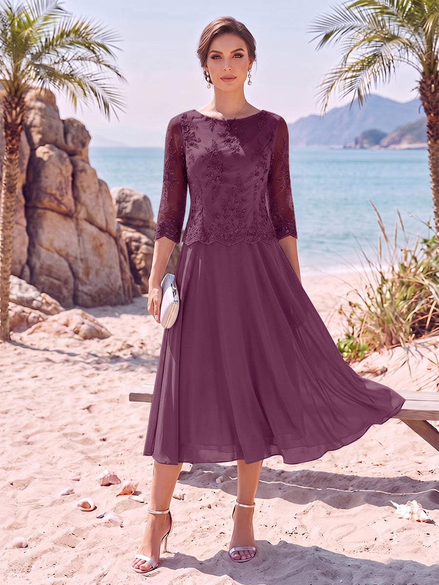 A-Line/Princess Scoop 3/4 Sleeves Knee-Length Mother of the Bride Dresses with Applique