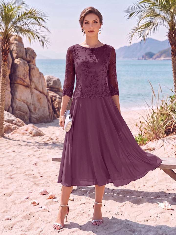 A-Line/Princess Scoop 3/4 Sleeves Knee-Length Mother of the Bride Dresses with Applique