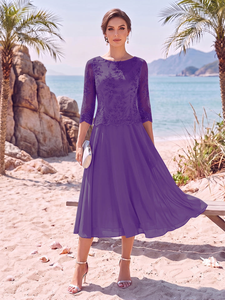 A-Line/Princess Scoop 3/4 Sleeves Knee-Length Mother of the Bride Dresses with Applique