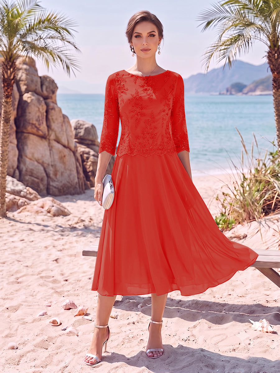A-Line/Princess Scoop 3/4 Sleeves Knee-Length Mother of the Bride Dresses with Applique