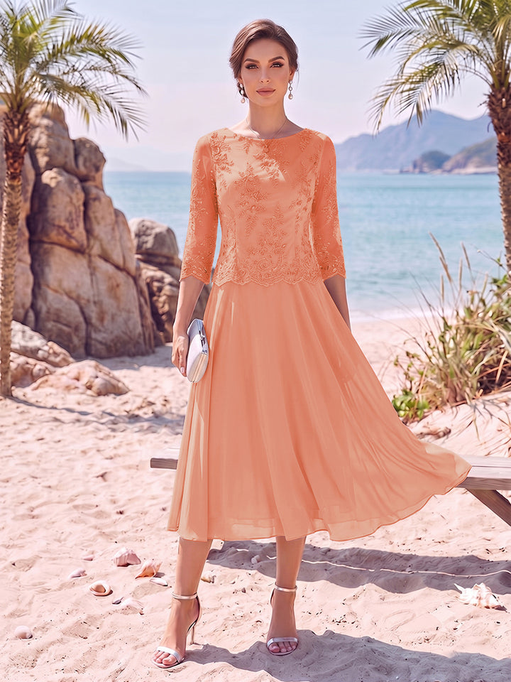 A-Line/Princess Scoop 3/4 Sleeves Knee-Length Mother of the Bride Dresses with Applique