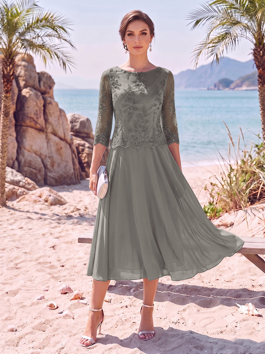 A-Line/Princess Scoop 3/4 Sleeves Knee-Length Mother of the Bride Dresses with Applique