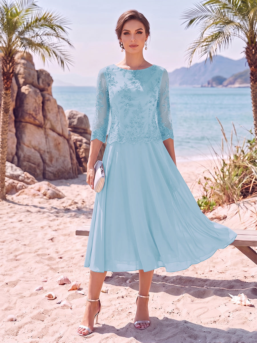 A-Line/Princess Scoop 3/4 Sleeves Knee-Length Mother of the Bride Dresses with Applique