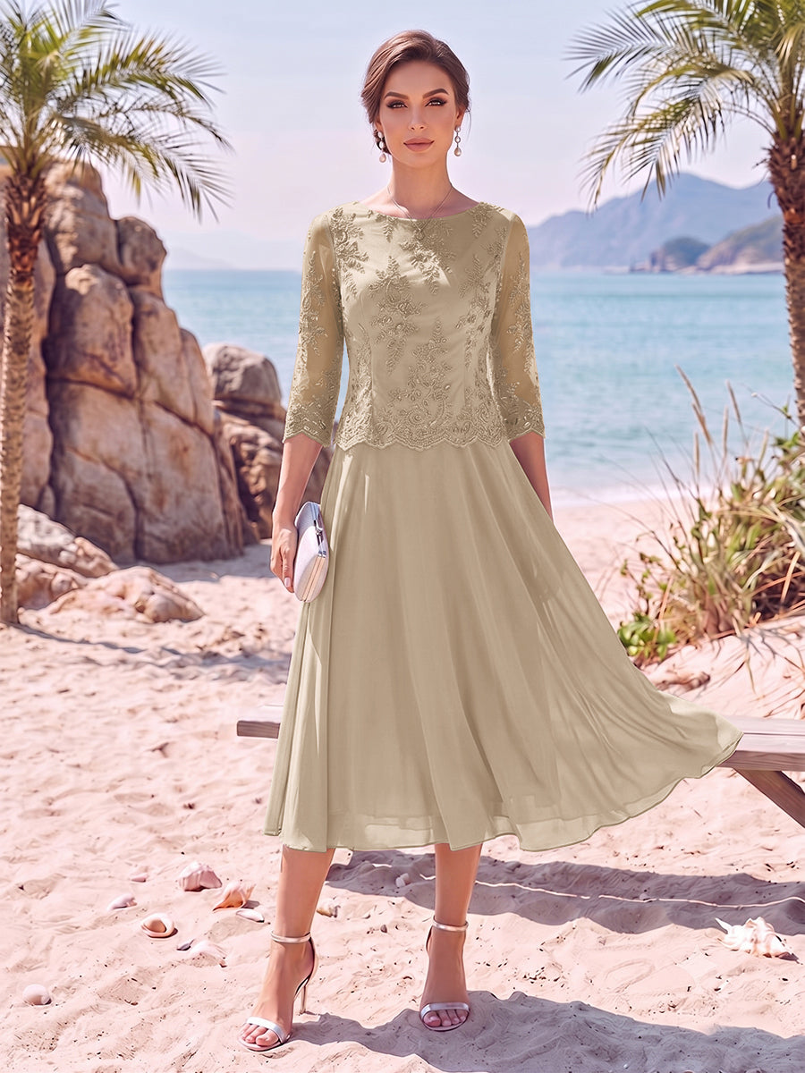 A-Line/Princess Scoop 3/4 Sleeves Knee-Length Mother of the Bride Dresses with Applique