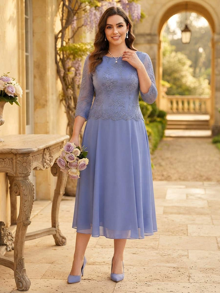 A-Line/Princess Scoop 3/4 Sleeves Knee-Length Plus Size Mother of the Bride Dresses with Applique
