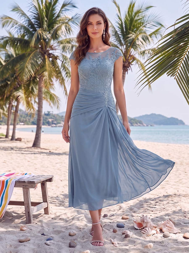 Sheath/Column Scoop Short Sleeves Tea-Length Mother Of The Bride Dresses With Applique &amp; Ruched