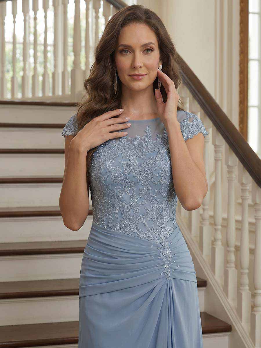 Sheath/Column Scoop Short Sleeves Tea-Length Mother Of The Bride Dresses With Applique &amp; Ruched