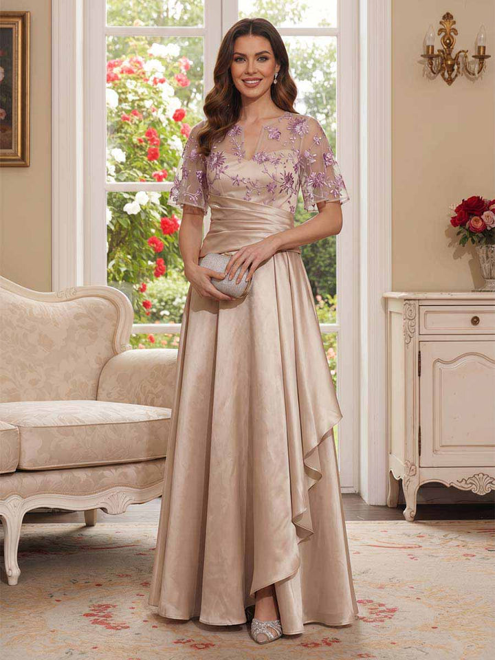 A-Line/Princess Short Sleeves V-Neck Floor-Length Mother Of The Bride Dresses With Appliques &amp; Ruffles