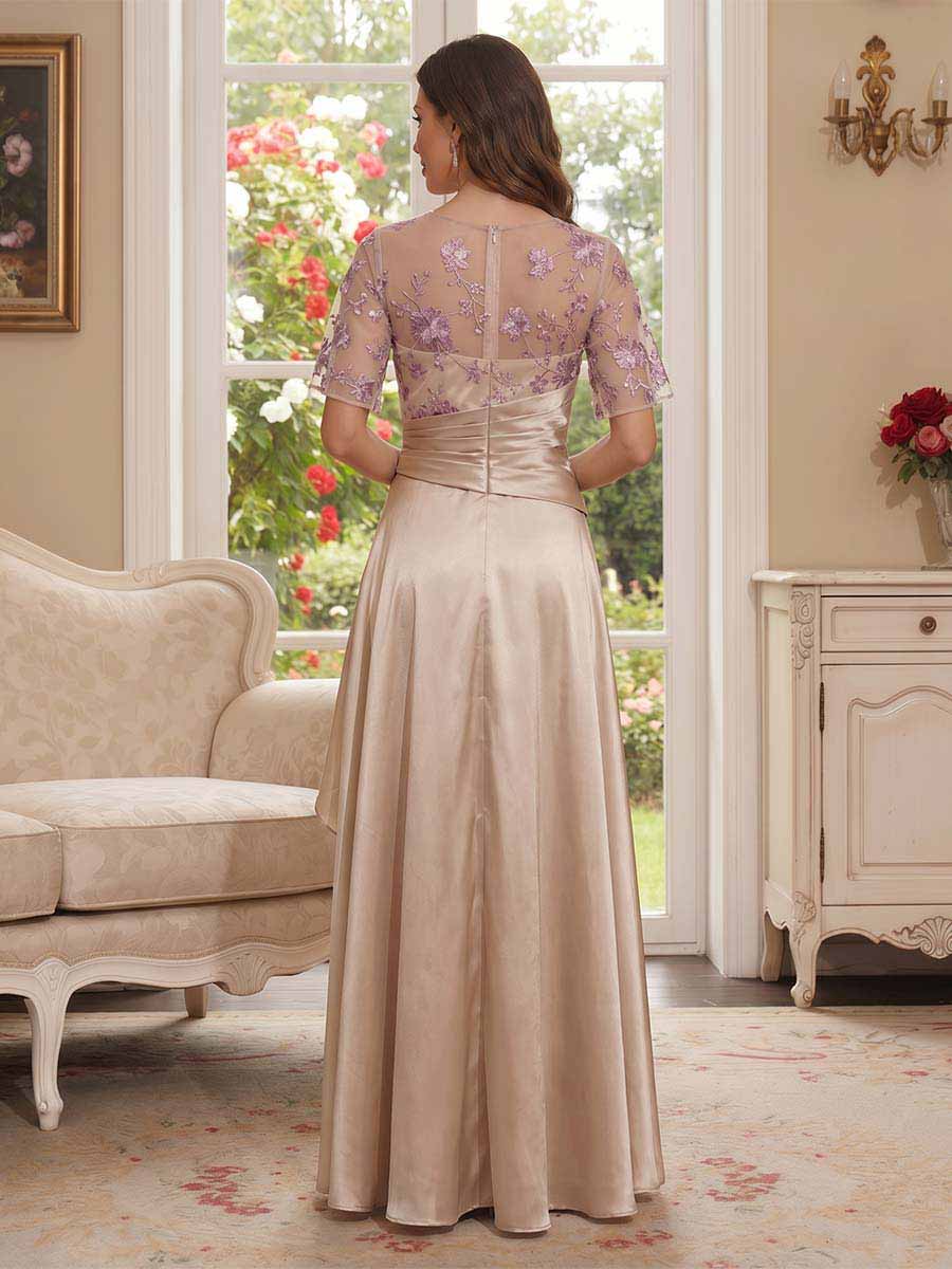 A-Line/Princess Short Sleeves V-Neck Floor-Length Mother Of The Bride Dresses With Appliques &amp; Ruffles