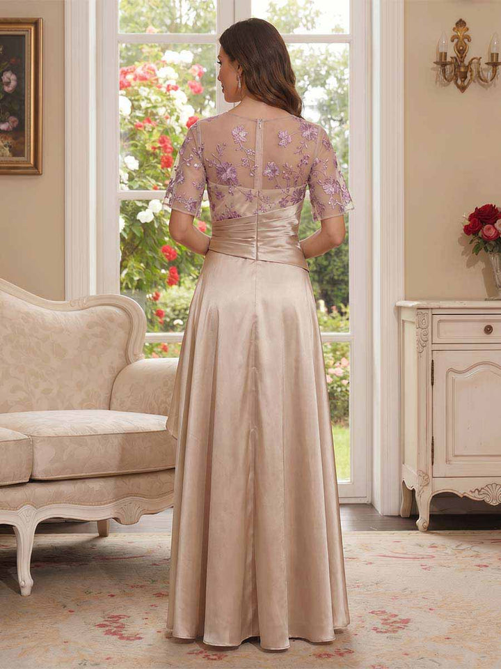 A-Line/Princess Short Sleeves V-Neck Floor-Length Mother Of The Bride Dresses With Appliques &amp; Ruffles