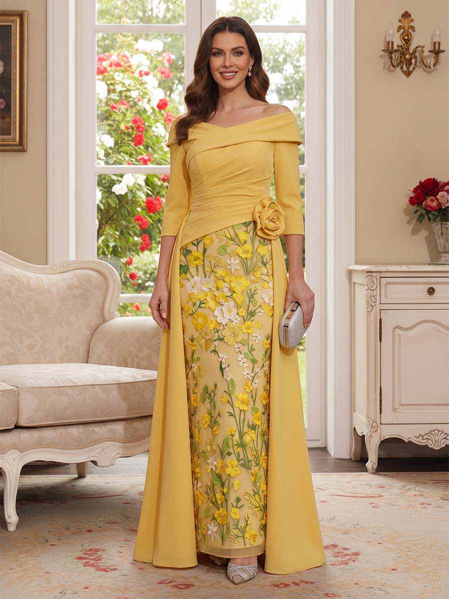 A-Line/Princess 3/4 Sleeves V-Neck Floor-Length Mother Of The Bride Dresses With 3D Floral &amp; Applique