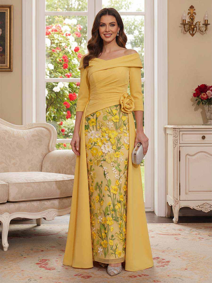 A-Line/Princess 3/4 Sleeves V-Neck Floor-Length Mother Of The Bride Dresses With 3D Floral &amp; Applique