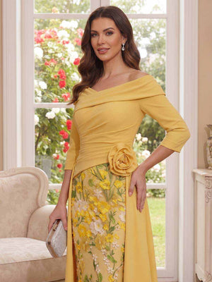 A-Line/Princess 3/4 Sleeves V-Neck Floor-Length Mother Of The Bride Dresses With 3D Floral & Applique