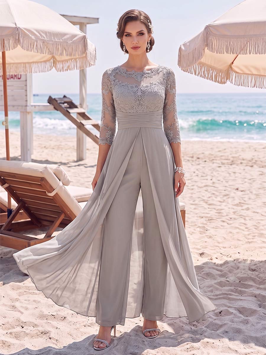 Jumpsuit Scoop 3/4 Sleeves Floor-Length Mother of the Bride Dresses with Applique &amp; Lace