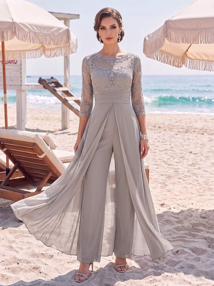 Jumpsuit Scoop 3/4 Sleeves Floor-Length Mother of the Bride Dresses with Applique &amp; Lace
