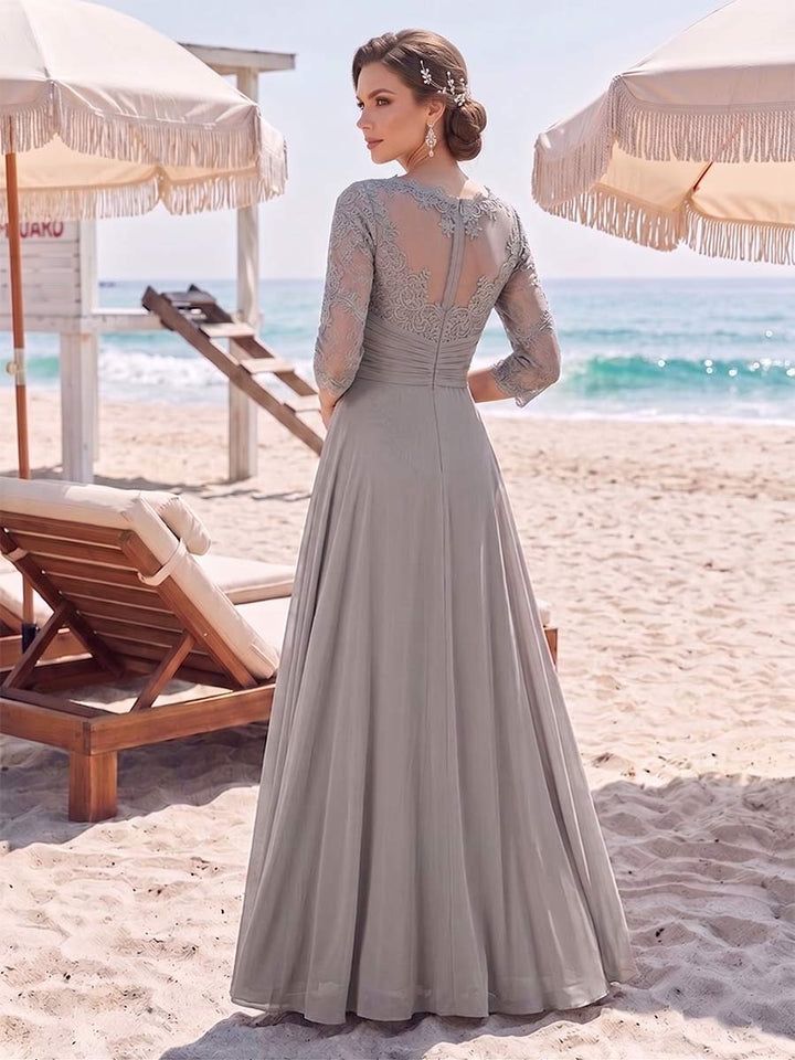 Jumpsuit Scoop 3/4 Sleeves Floor-Length Mother of the Bride Dresses with Applique &amp; Lace