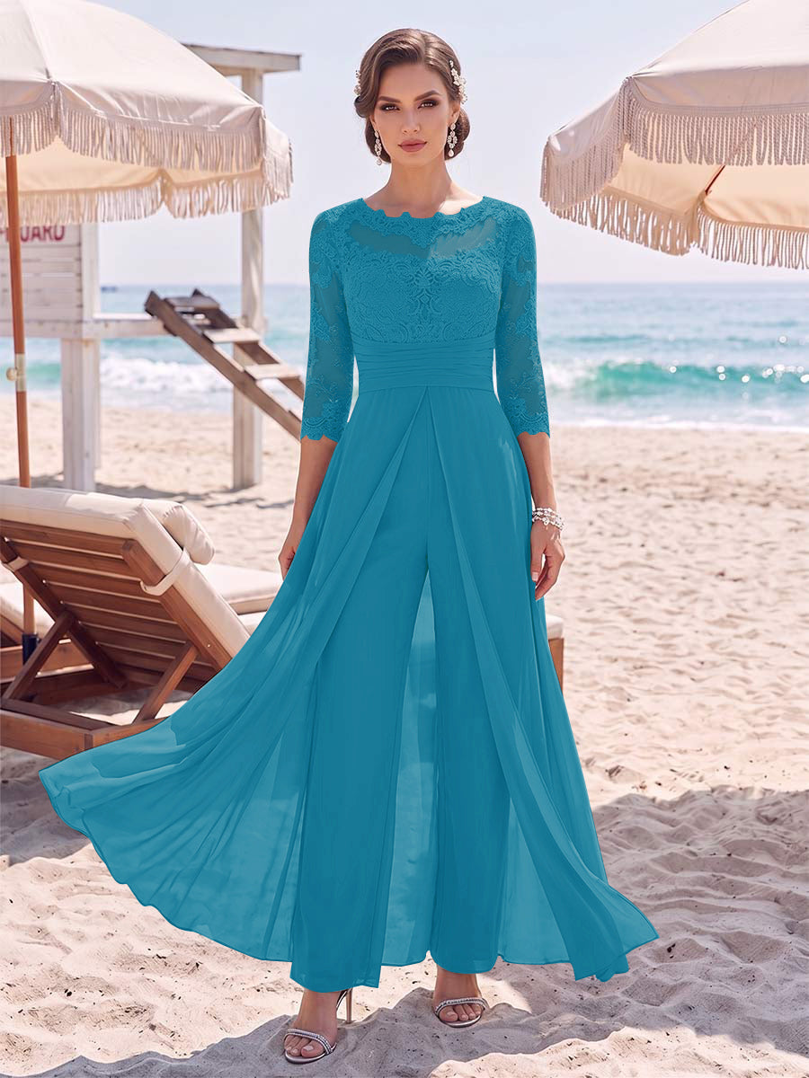 Jumpsuit Scoop 3/4 Sleeves Floor-Length Mother of the Bride Dresses with Applique &amp; Lace