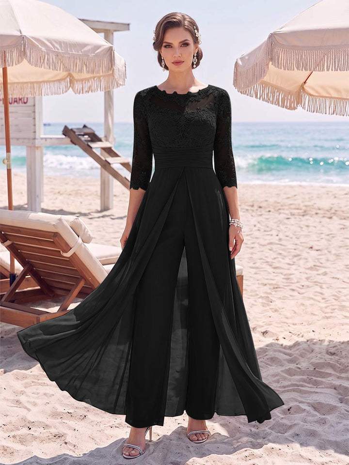 Jumpsuit Scoop 3/4 Sleeves Floor-Length Mother of the Bride Dresses with Applique &amp; Lace