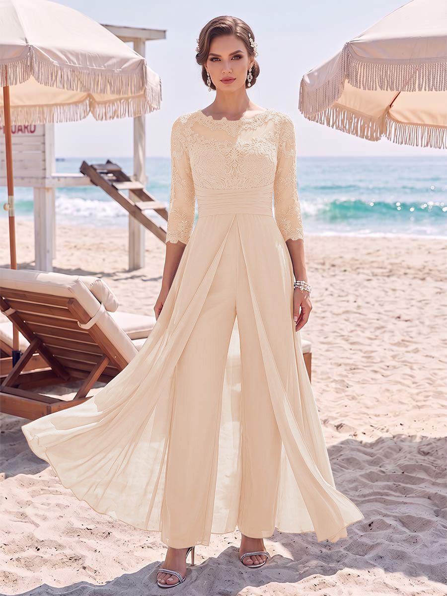 Jumpsuit Scoop 3/4 Sleeves Floor-Length Mother of the Bride Dresses with Applique &amp; Lace