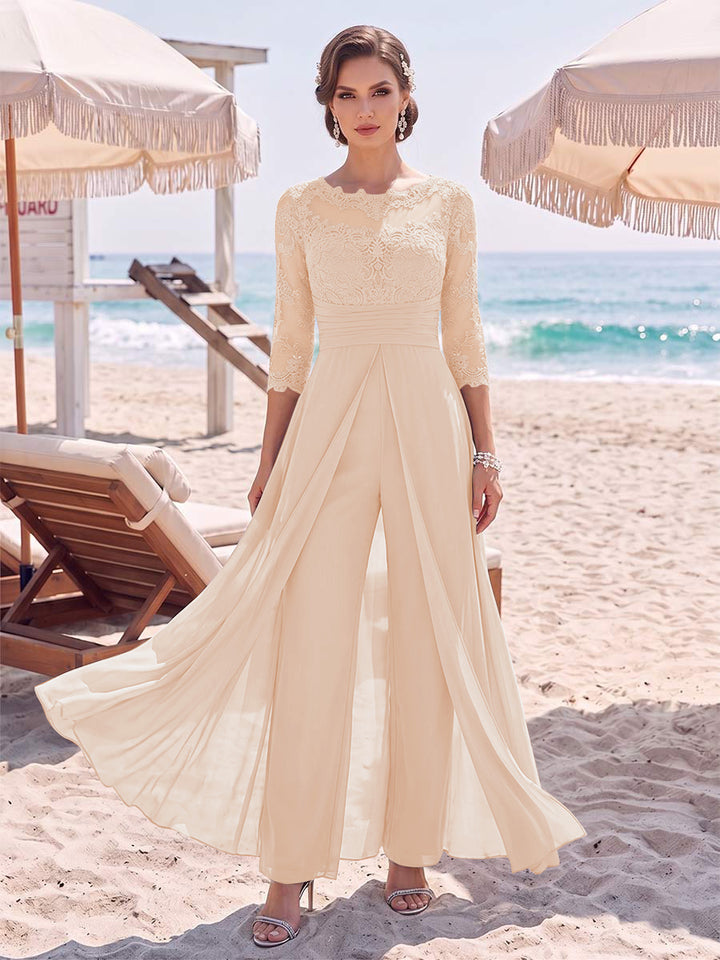 Jumpsuit Scoop 3/4 Sleeves Floor-Length Mother of the Bride Dresses with Applique &amp; Lace