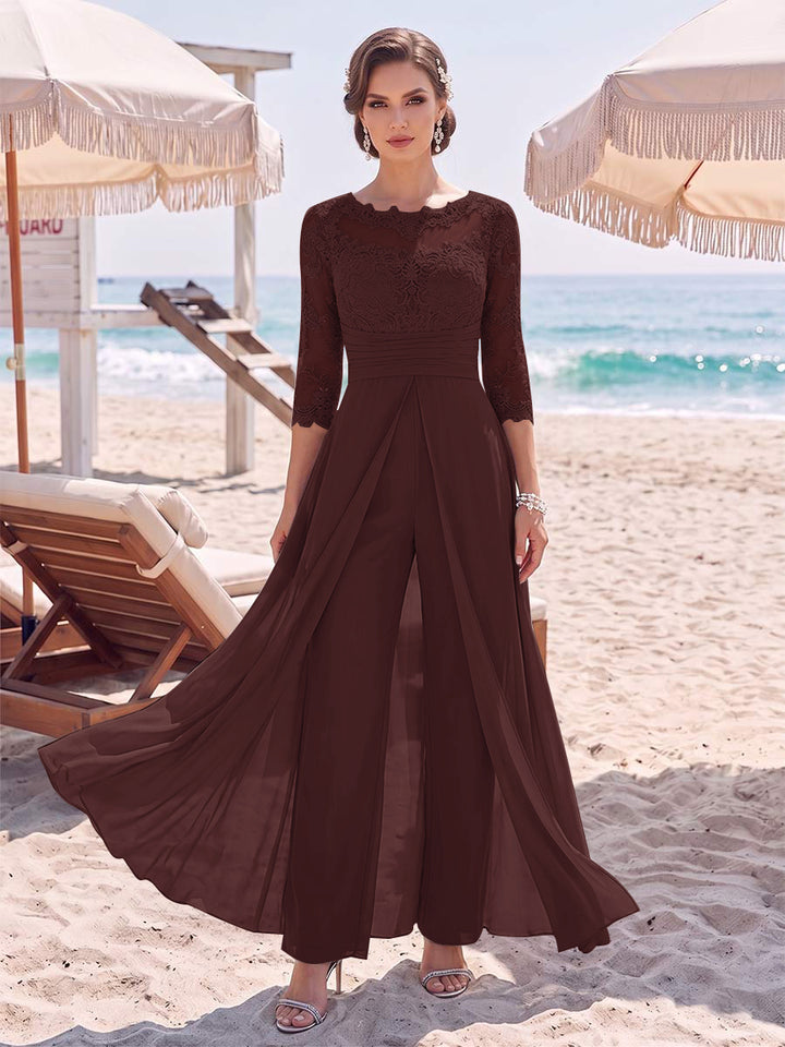Jumpsuit Scoop 3/4 Sleeves Floor-Length Mother of the Bride Dresses with Applique &amp; Lace