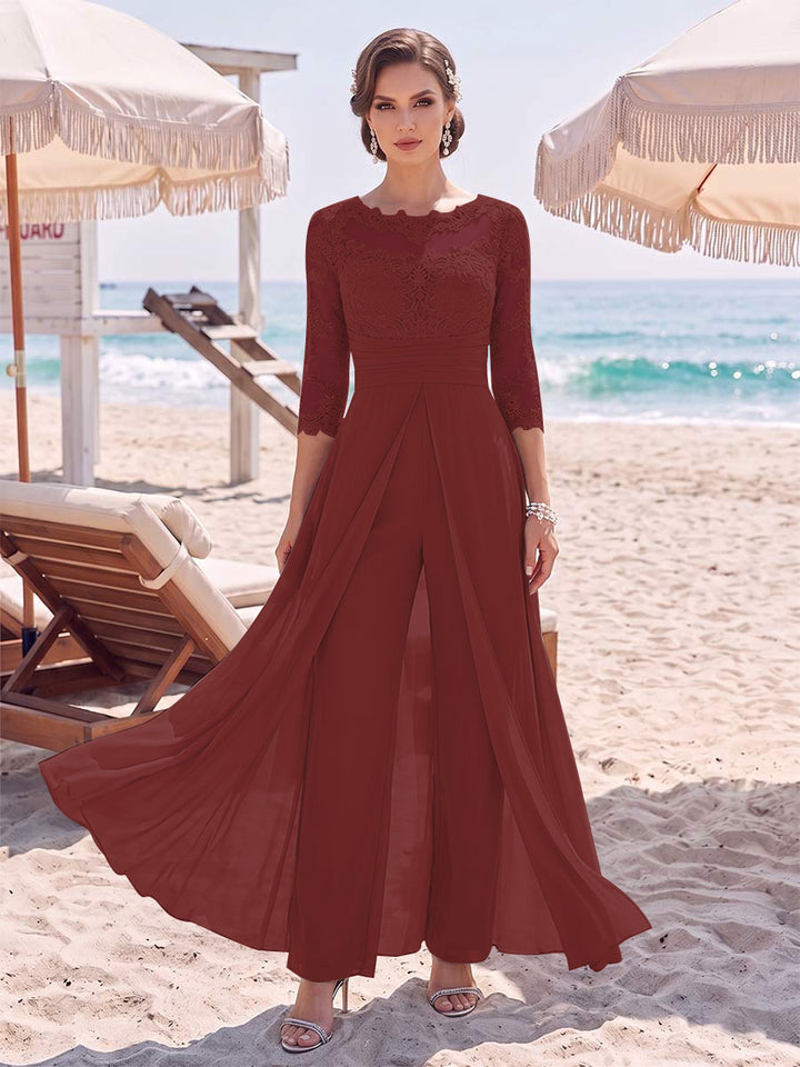 Jumpsuit Scoop 3/4 Sleeves Floor-Length Mother of the Bride Dresses with Applique &amp; Lace