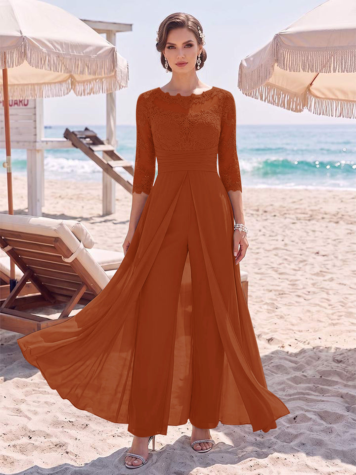 Jumpsuit Scoop 3/4 Sleeves Floor-Length Mother of the Bride Dresses with Applique &amp; Lace