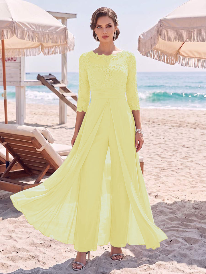 Jumpsuit Scoop 3/4 Sleeves Floor-Length Mother of the Bride Dresses with Applique &amp; Lace