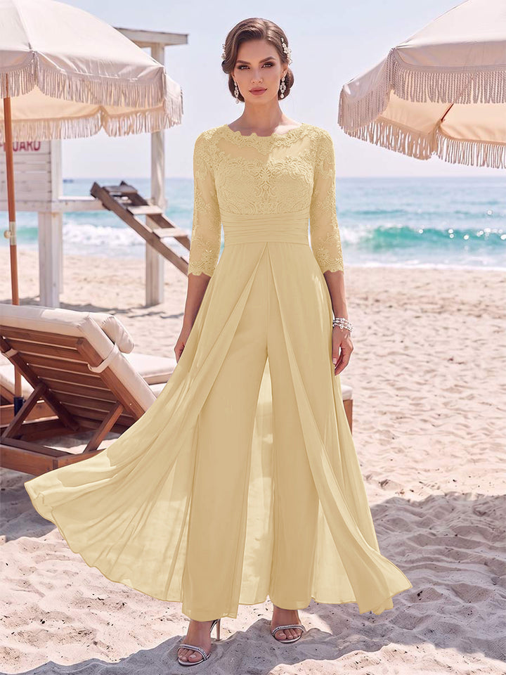 Jumpsuit Scoop 3/4 Sleeves Floor-Length Mother of the Bride Dresses with Applique &amp; Lace