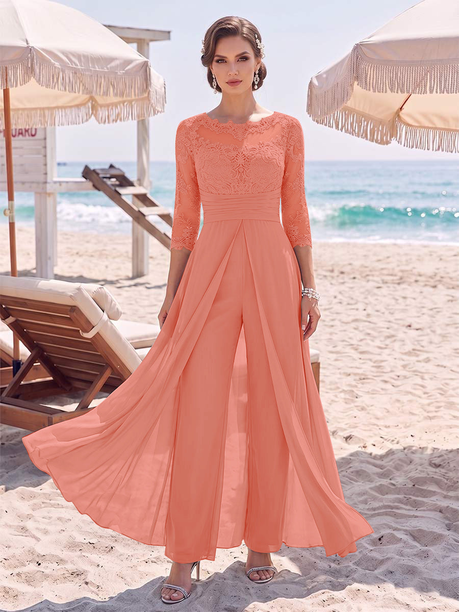 Jumpsuit Scoop 3/4 Sleeves Floor-Length Mother of the Bride Dresses with Applique &amp; Lace
