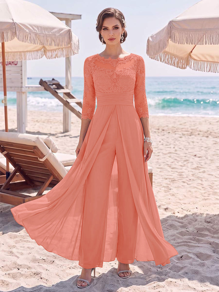 Jumpsuit Scoop 3/4 Sleeves Floor-Length Mother of the Bride Dresses with Applique &amp; Lace