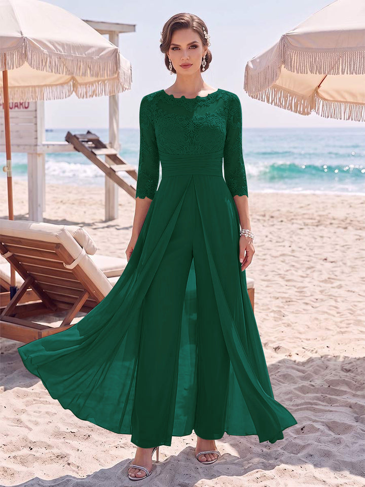 Jumpsuit Scoop 3/4 Sleeves Floor-Length Mother of the Bride Dresses with Applique &amp; Lace