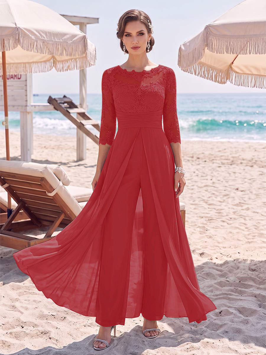 Jumpsuit Scoop 3/4 Sleeves Floor-Length Mother of the Bride Dresses with Applique &amp; Lace