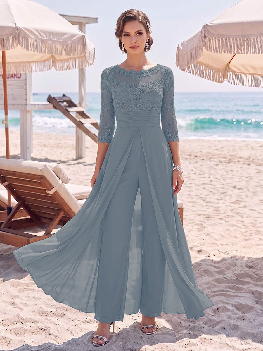 Jumpsuit Scoop 3/4 Sleeves Floor-Length Mother of the Bride Dresses with Applique &amp; Lace