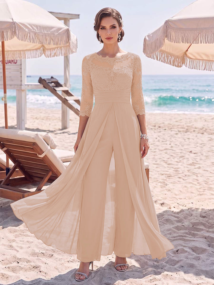 Jumpsuit Scoop 3/4 Sleeves Floor-Length Mother of the Bride Dresses with Applique &amp; Lace