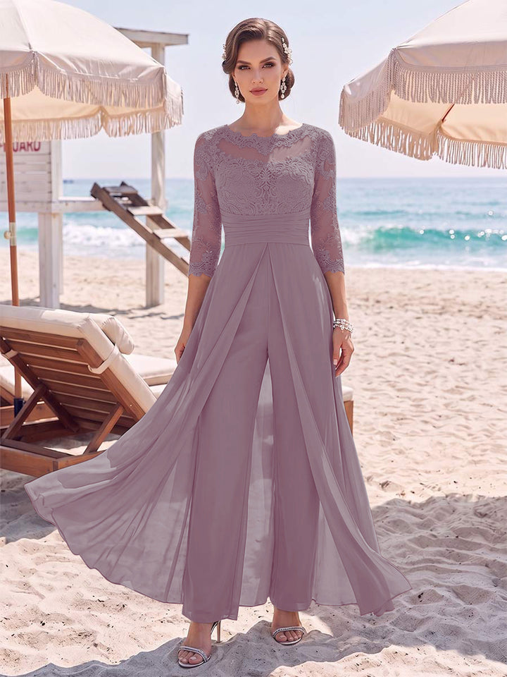 Jumpsuit Scoop 3/4 Sleeves Floor-Length Mother of the Bride Dresses with Applique &amp; Lace