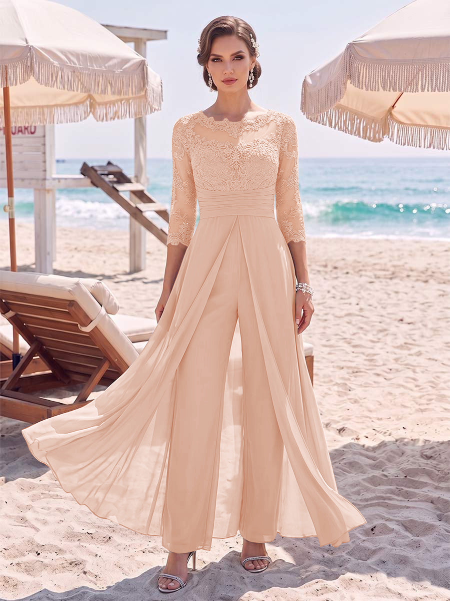 Jumpsuit Scoop 3/4 Sleeves Floor-Length Mother of the Bride Dresses with Applique &amp; Lace