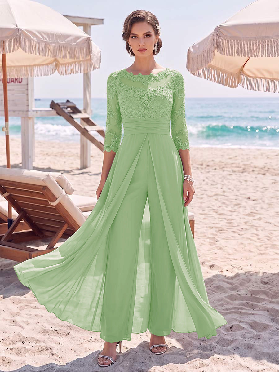 Jumpsuit Scoop 3/4 Sleeves Floor-Length Mother of the Bride Dresses with Applique &amp; Lace