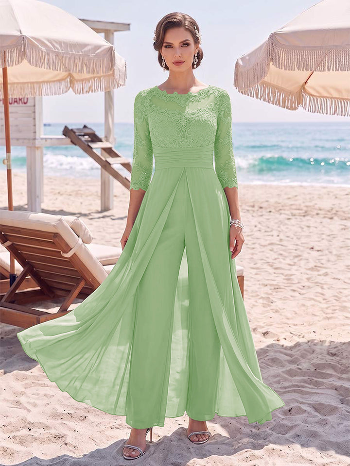 Jumpsuit Scoop 3/4 Sleeves Floor-Length Mother of the Bride Dresses with Applique &amp; Lace