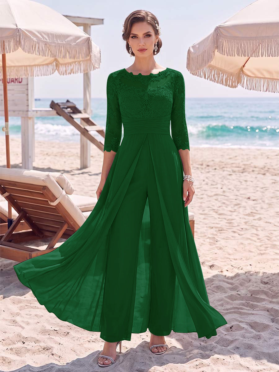 Jumpsuit Scoop 3/4 Sleeves Floor-Length Mother of the Bride Dresses with Applique & Lace